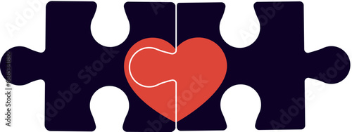 Two puzzle pieces with heart in between. Simple shape puzzle game. Minimalistic puzzle icon with heart, logo design. Togetherness, creativity, cooperation, partnership concept. Isolated vector.