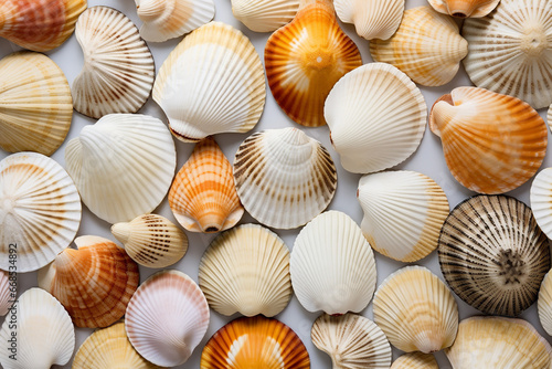 sea shells clear and distinct pattern, flat lighting photography, no dark spots, white background, realistic
