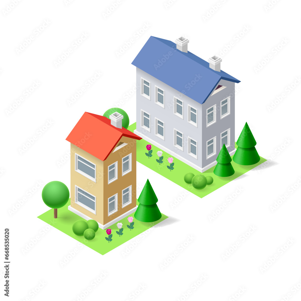 Illustration of a vibrant isometric two buildings icon stands out among trees, colorful flowers, and a green grass on white backdrop. Perfect for real estate or home concept designs Illustration of a vibrant isometric two buildings icon stands out among trees, colorful flowers, and a green grass on white backdrop. Perfect for real estate or home concept designs