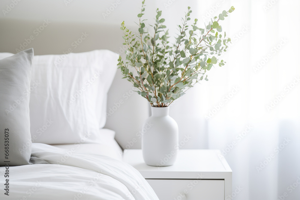 Vase with eucalyptus and gypsophila in a white bedroom Vase with eucalyptus and gypsophila in a white bedroom