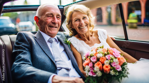 Couple de personnes âgées en tenue de mariage et avec un bouquet de fleurs, assises dans une voiture