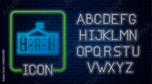 Glowing neon United States Capitol Congress icon isolated on brick wall background. Washington DC, USA. Neon light alphabet. Vector