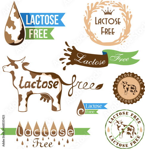 Lactose free design elements. Milk and creamery labels, emblems and design elements