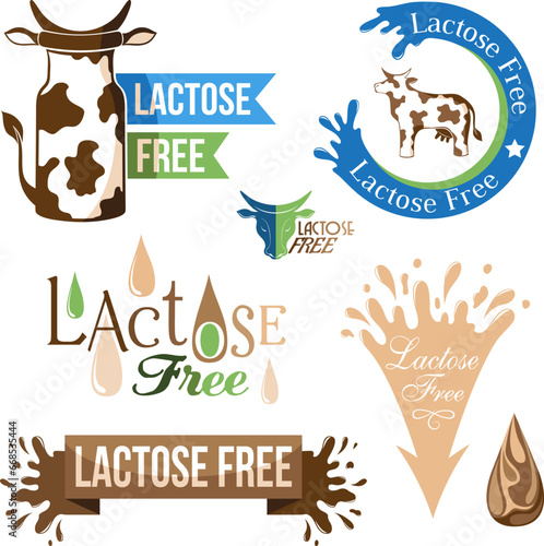 Lactose free design elements. Milk and creamery labels, emblems and design elements
