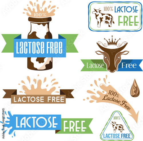 Lactose free design elements. Milk and creamery labels, emblems and design elements