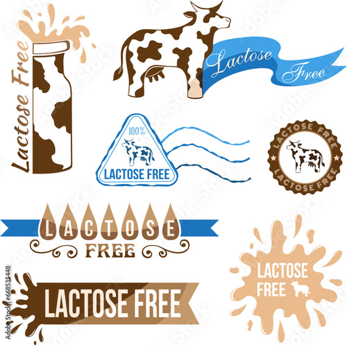 Lactose free design elements. Milk and creamery labels, emblems and design elements