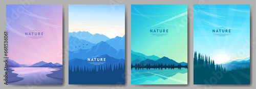 A set of posters on the mountain theme. Mountains and forests, sunset on the river, sunrise in the mountains, colorful sky. Design for postcard, cover, invitation, brochure, flyer. Vector illustration
