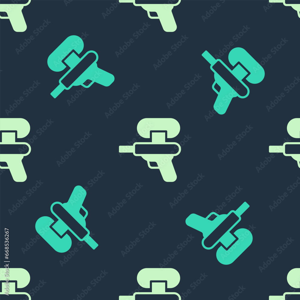 Green and beige Water gun icon isolated seamless pattern on blue background. Vector Green and beige Water gun icon isolated seamless pattern on blue background. Vector
