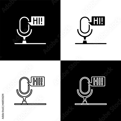 Set Microphone voice device icon isolated on black and white background. Microphone interpreter and alphabet letters. Vector