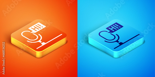 Isometric Microphone voice device icon isolated on orange and blue background. Microphone interpreter and alphabet letters. Vector