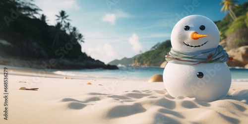 A close-up of a cartoon white snowman with a colorful scarf on the seashore. Sunny day on the beach with forest around.