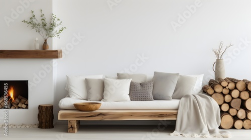 White sofa with blanket and wooden coffee table next to fireplace with firewood stack. Minimalist scandinavian home interior design of modern living room. Generative AI
