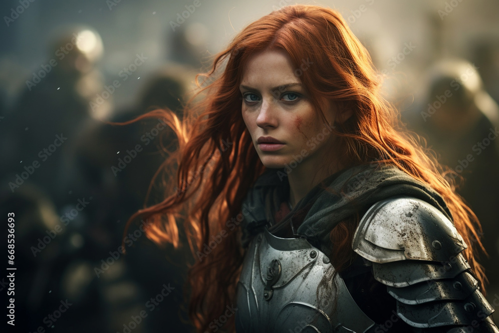 A woman with long red hair in armor on a battlefield