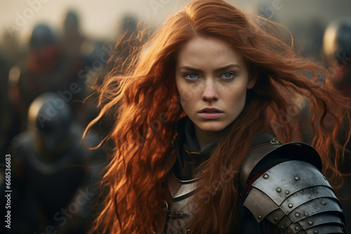 A woman with long red hair in armor on a battlefield