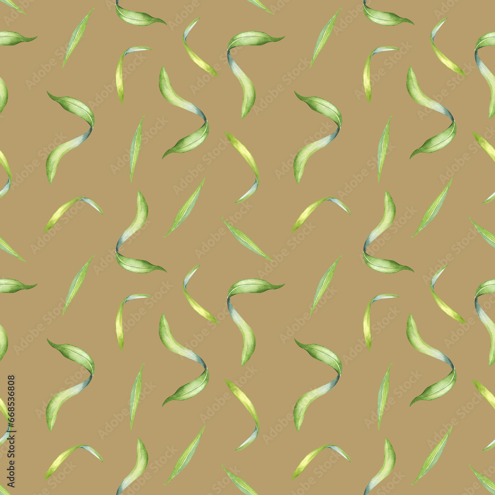 Palm leaves of acai tree watercolor seamless pattern isolated on beige. Green brunch of tropical palm, exotic leaf hand drawn. Design element for wrapping, packaging, textile, background, paper