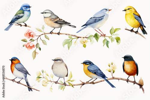 A set of birds on a white background, created in watercolor