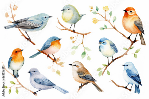A set of birds on a white background, created in watercolor