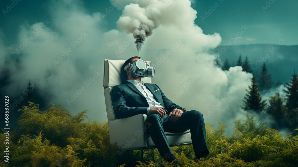 Homme assis dans un jardin et portant un masque à gaz devant un nuage de fumée - obrazy, fototapety, plakaty 