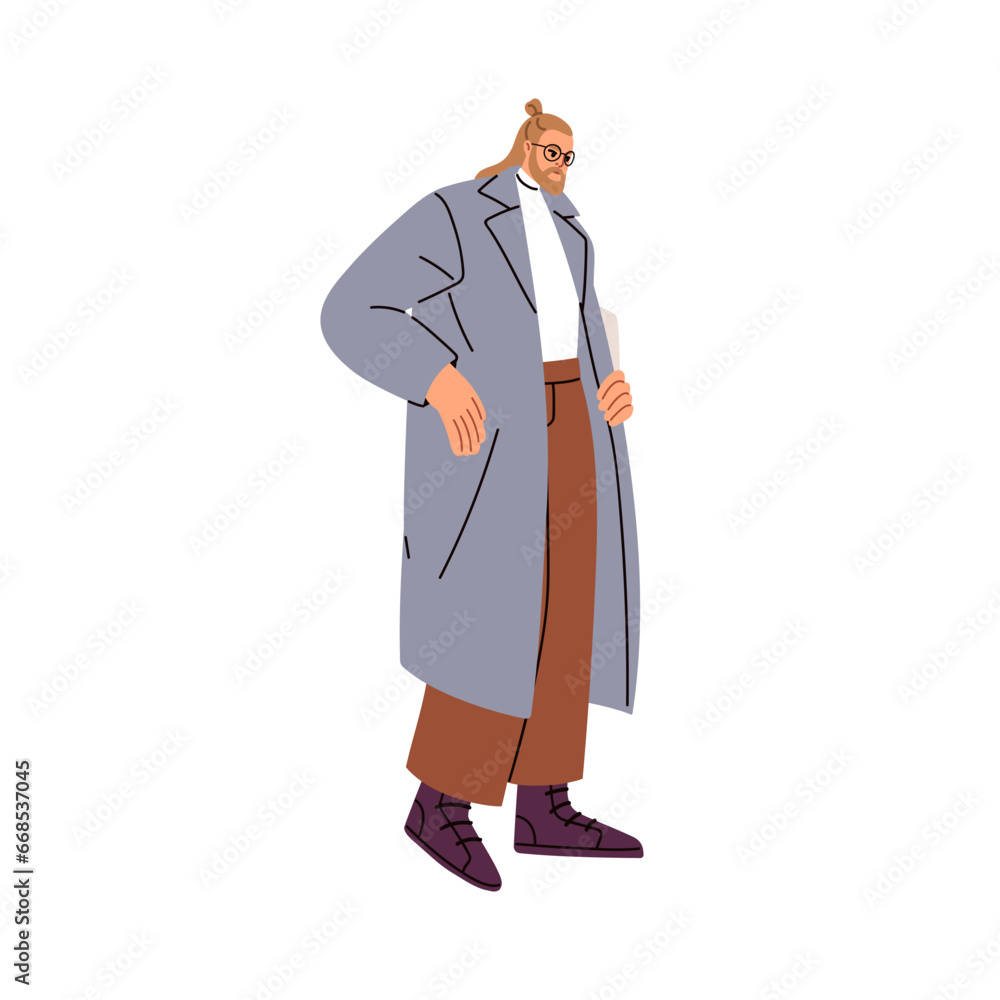 Modern man in coat. Stylish male character wearing fashion outfit, trendy autumn apparel. Person in eyeglasses and elegant fall clothes. Flat vector illustration isolated on white background Modern man in coat. Stylish male character wearing fashion outfit, trendy autumn apparel. Person in eyeglasses and elegant fall clothes. Flat vector illustration isolated on white background