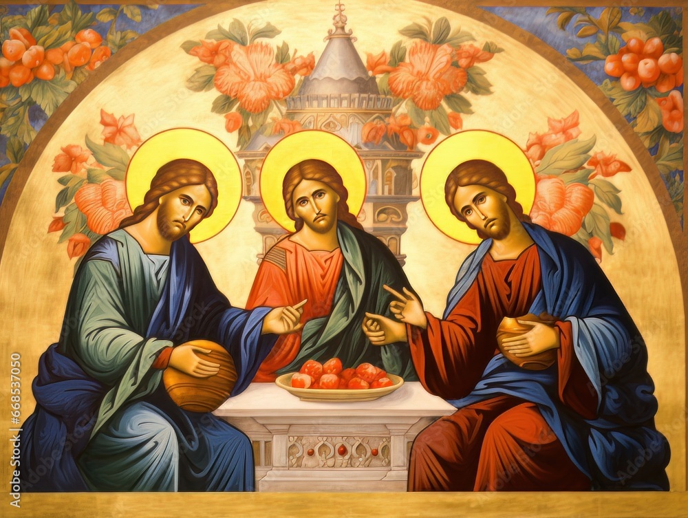 Orthodox icon The Old Testament Trinity style, oil illustration AI Orthodox icon The Old Testament Trinity style, oil illustration AI