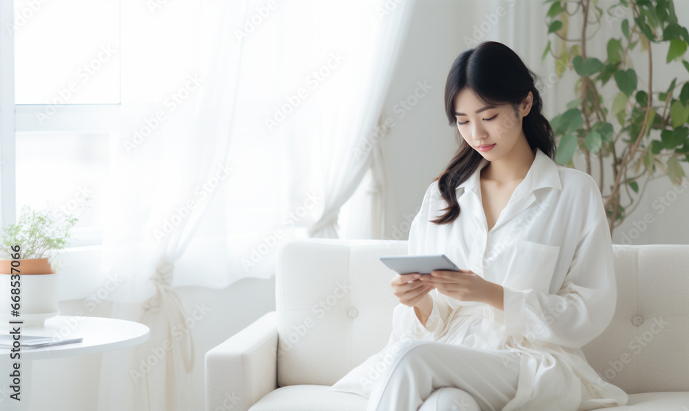 Young beautiful asian woman using smart device and sitting on couch in modern living room. Young beautiful asian woman using smart device and sitting on couch in modern living room.