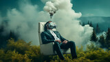 Homme assis dans un jardin et portant un masque à gaz devant un nuage de fumée