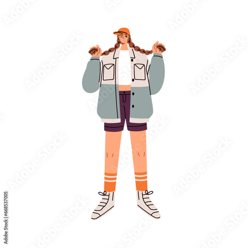 Modern girl in fashion casual clothes. Young funny stylish woman with braids,...