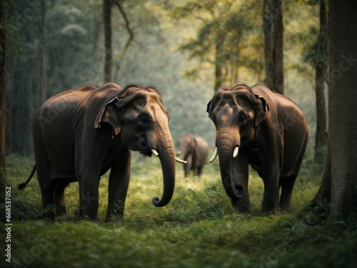 Giant Asian elephants in forest