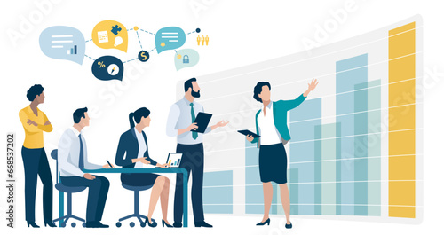 Project, plan, strategy. Presentation. Discussing business plan. Vector illustration