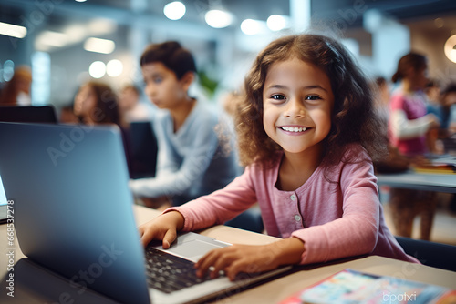 Portrait of little girl using laptop, studying online at school, interested happy schooler typing on keyboard looking at camera photo