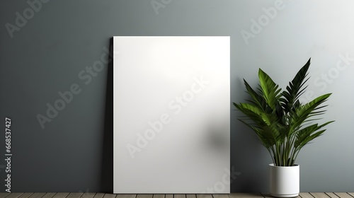 Mockup poster frame in minimalist interior background with dark green wall and plants. Generative AI photo