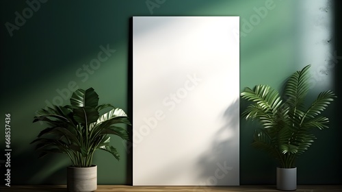 Mockup poster frame in minimalist interior background with dark green wall and plants. Generative AI © PSCL RDL