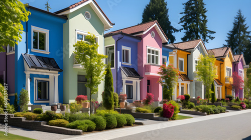 Colorful stucco finish traditional private townhouses. Residential architecture exterior. Generative AI © PSCL RDL