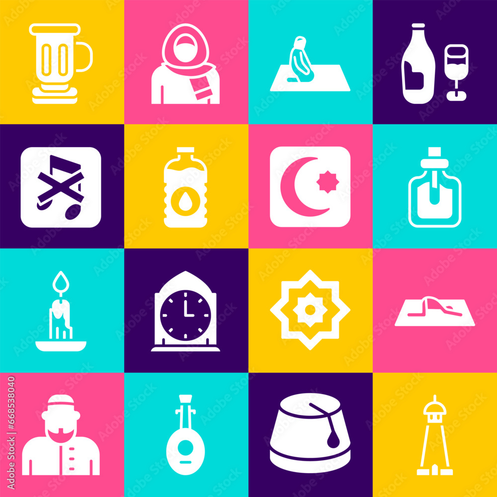 Set Mosque tower or minaret, Muslim man prays, Perfume, Bottle of water, Speaker mute, Medieval goblet and Star and crescent icon. Vector Set Mosque tower or minaret, Muslim man prays, Perfume, Bottle of water, Speaker mute, Medieval goblet and Star and crescent icon. Vector
