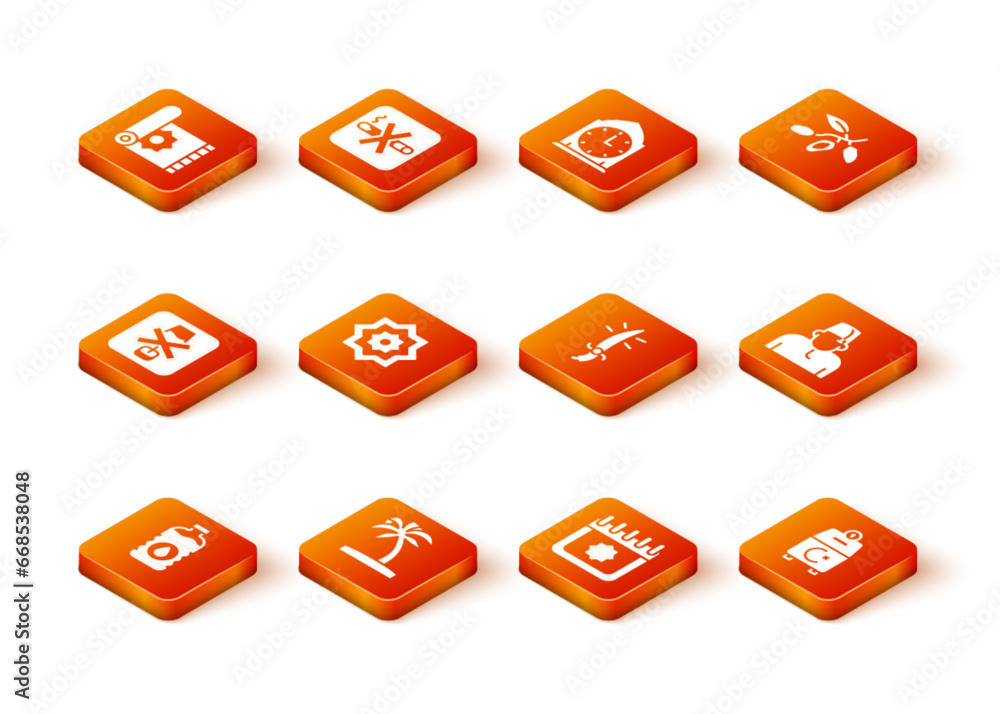 Set Bottle of water, Tropical palm tree, No alcohol, Octagonal star, Ramadan calendar, Arabian saber, Donate or pay your zakat and Muslim man icon. Vector Set Bottle of water, Tropical palm tree, No alcohol, Octagonal star, Ramadan calendar, Arabian saber, Donate or pay your zakat and Muslim man icon. Vector