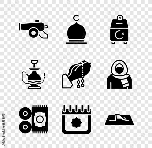 Set Ramadan cannon, Muslim Mosque, Donate or pay your zakat, Traditional carpet, calendar, man prays, Hookah and Hands in praying position icon. Vector