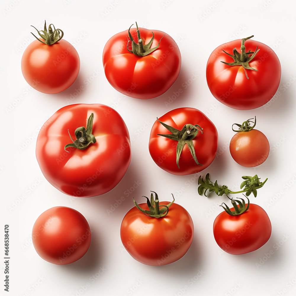 Tomatoes view from above Many balls lined up on a white background Tomatoes view from above Many balls lined up on a white background