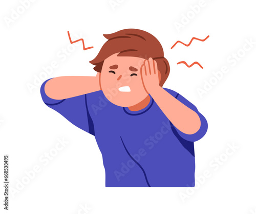 Sick kid suffering from headache. Ill child feeling unwell, dizzy, grabbing head from unbearable ache, pain. Dizziness, migraine, vertigo. Flat vector illustration isolated on white background