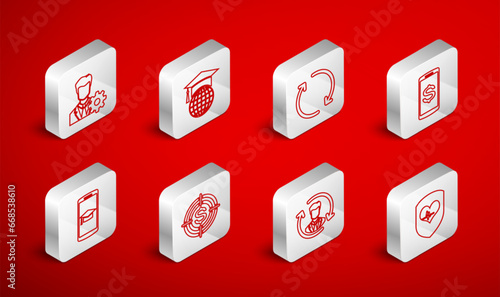 Set line Shield and heart rate, Graduation cap on globe, Refresh, Smartphone with dollar, Human resources, Profile settings, Target and mobile icon. Vector