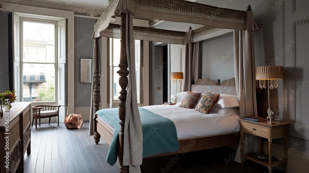 in a beautiful bedroom, a special bed with a canopy, elegant and beautiful in a beautiful bedroom, a special bed with a canopy, elegant and beautiful