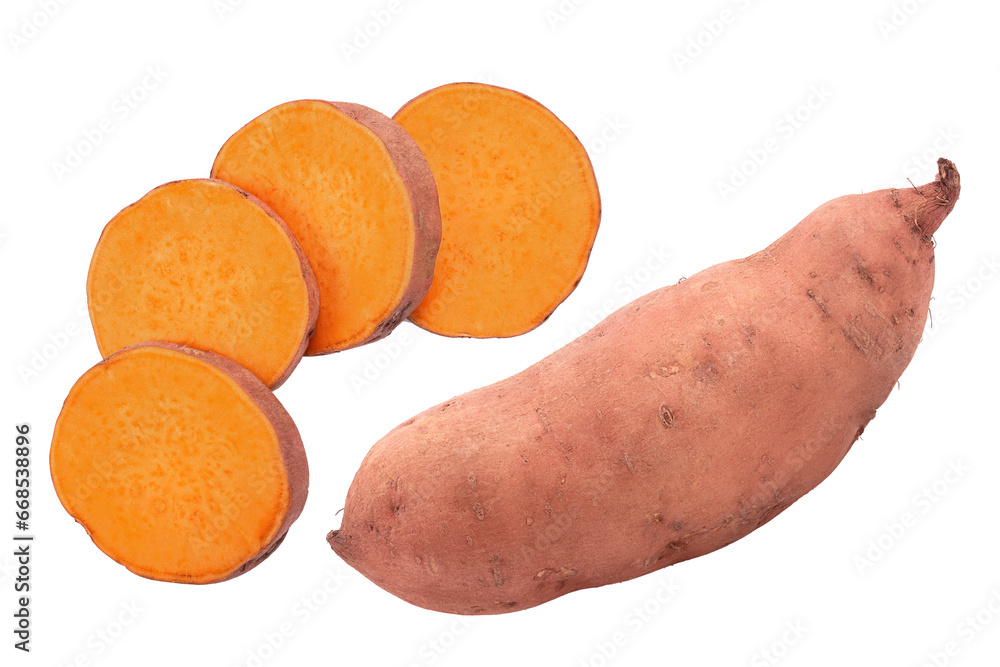slice sweet potato isolated on white background closeup. Top view. Flat lay. slice sweet potato isolated on white background closeup. Top view. Flat lay.