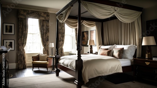 in a beautiful bedroom, a special bed with a canopy, elegant and beautiful