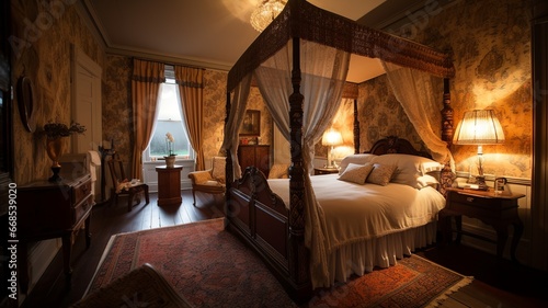 in a beautiful bedroom, a special bed with a canopy, elegant and beautiful