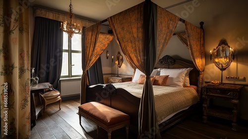 in a beautiful bedroom, a special bed with a canopy, elegant and beautiful