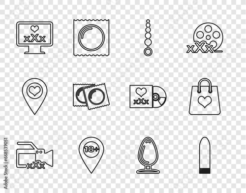 Set line Video camera with Sex, Dildo vibrator, Anal beads, Location 18 plus, Monitor content, Condoms in package, plug and Shopping bag heart icon. Vector