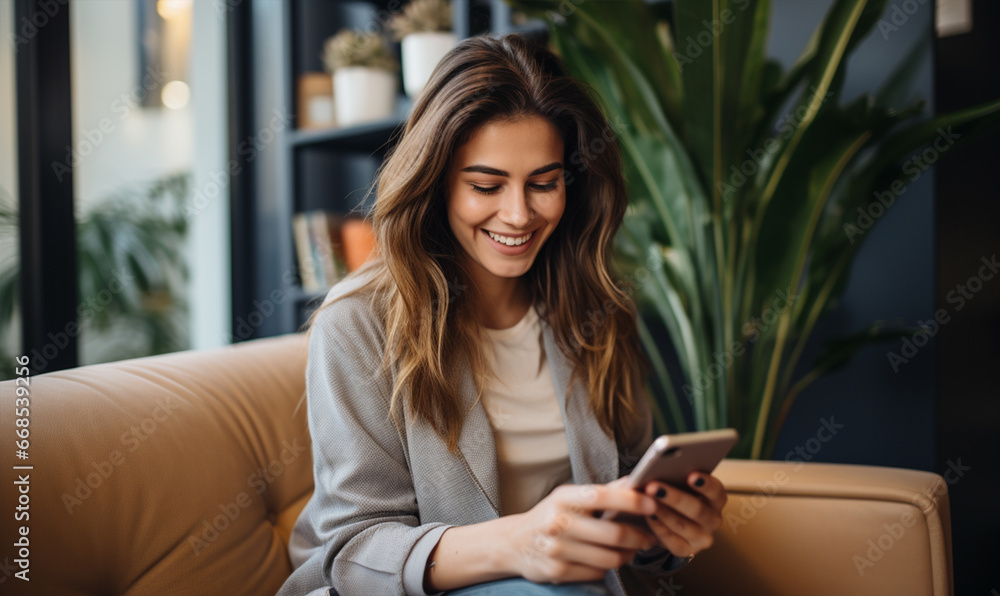 Young business woman using smartphone and sitting on couch.