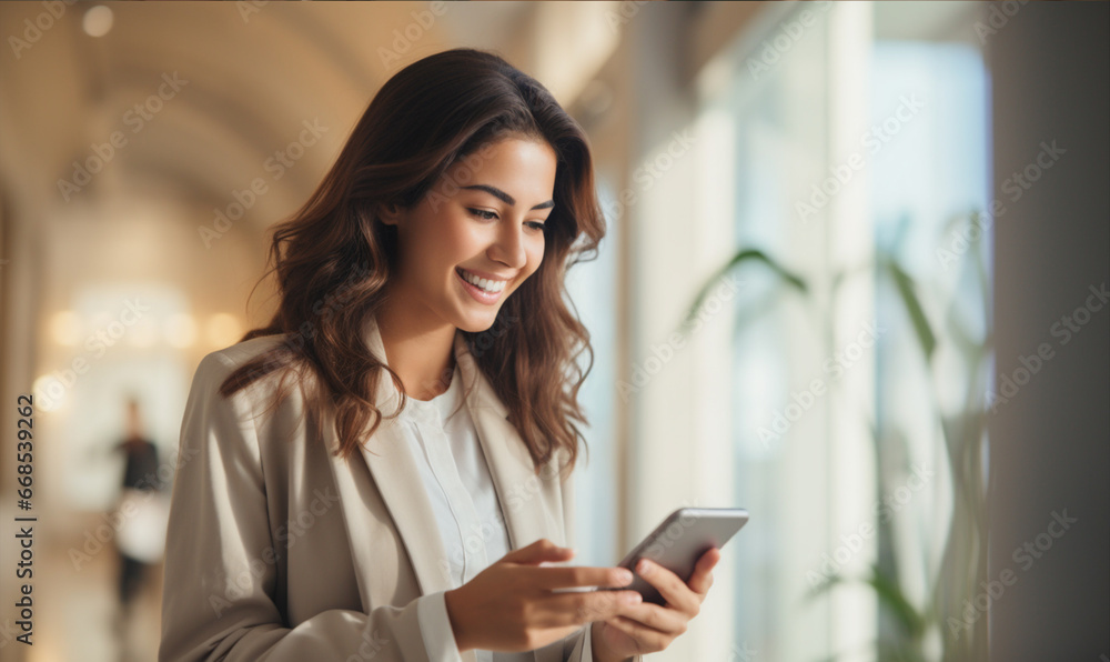 Young business woman using smartphone. Happy with good message. Young business woman using smartphone. Happy with good message.