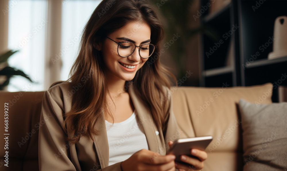 Young business woman using smartphone and sitting on couch. Young business woman using smartphone and sitting on couch.