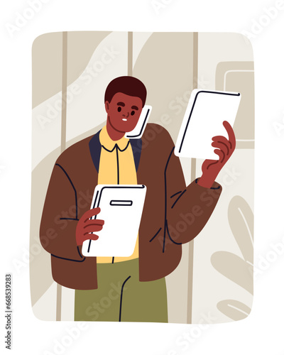 Black man employee talking on mobile phone. Business person, worried office w...