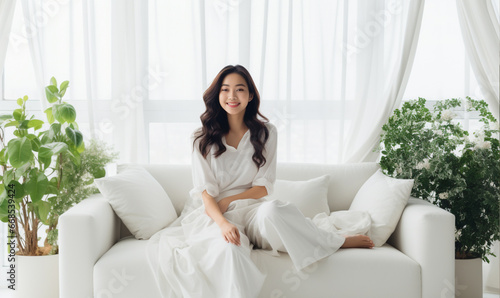 Young beautiful asian woman relax sitting on couch at her room, modern living